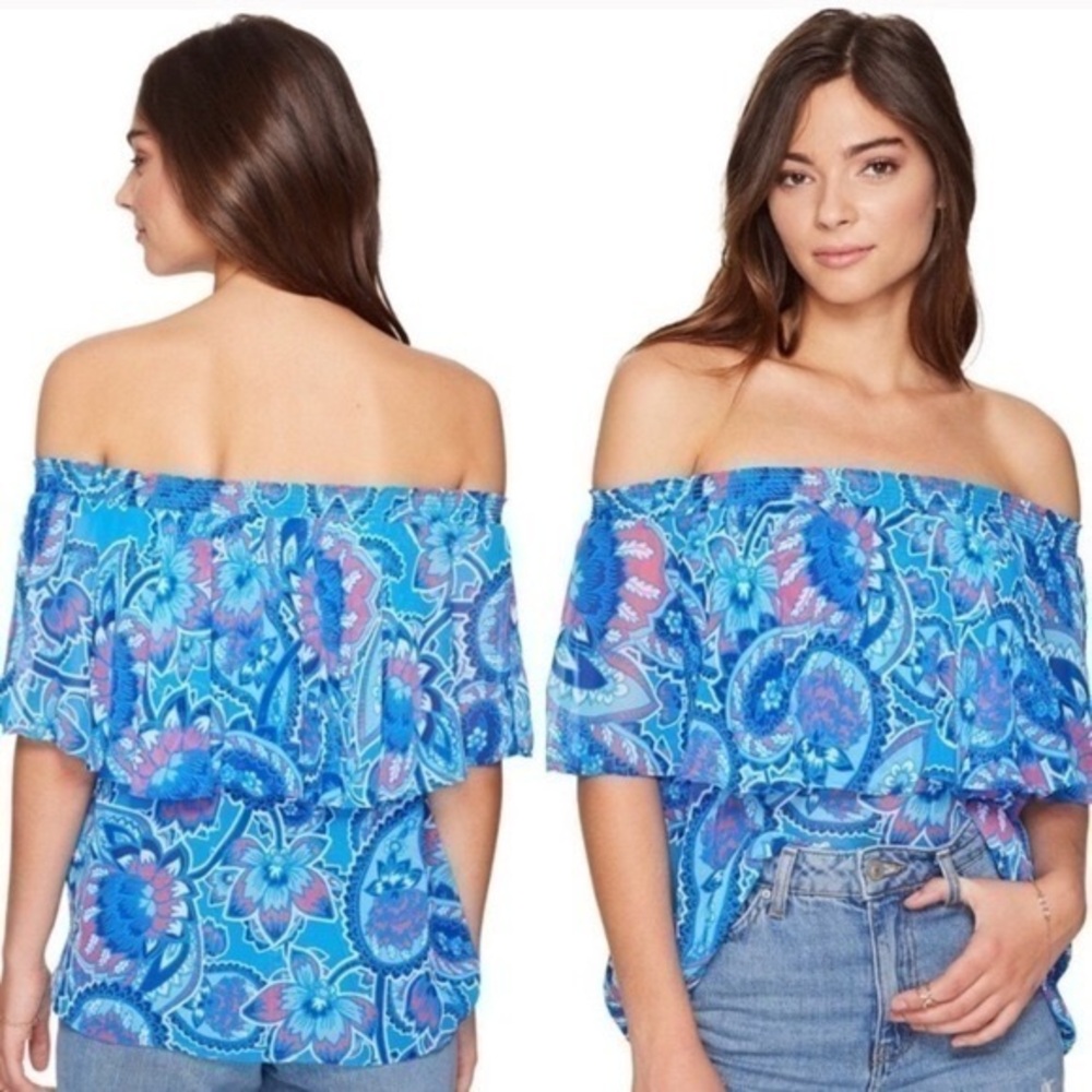 Show Me Your Mumu Blue Pink Blueberry Bungalow Smocked Off The Shoulder Top S